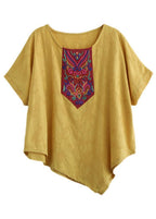 Italian Yellow Retro Embroideried Summer Shirt Short Sleeve