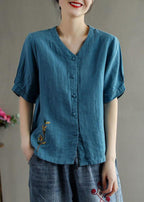 Loose Pink V Neck Embroideried Floral Summer cotton blend Shirt