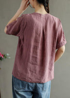 Loose Pink V Neck Embroideried Floral Summer cotton blend Shirt