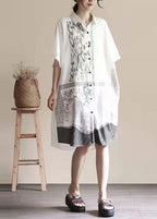 Modern Cotton Box Top Ramie Retro Print Short Sleeve Blouse