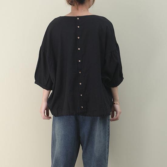 Natural black linen linen women blouses o neck lantern sleeve oversized blouse
