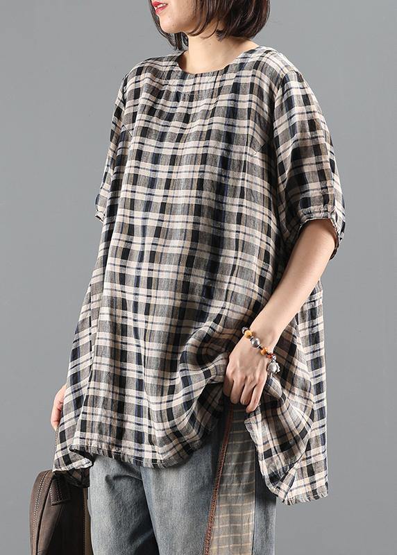 Natural o neck drawstring summer tunics for women Shape black plaid top