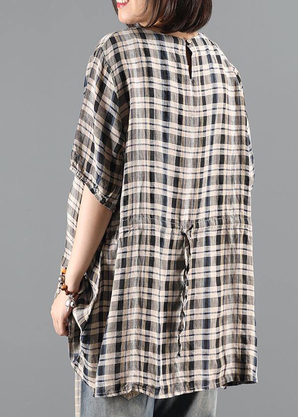 Natural o neck drawstring summer tunics for women Shape black plaid top