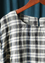 Natural o neck drawstring summer tunics for women Shape black plaid top