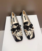 New Retro Black Embroidered Flat Feet Shoes Fuzzy Wool Lined