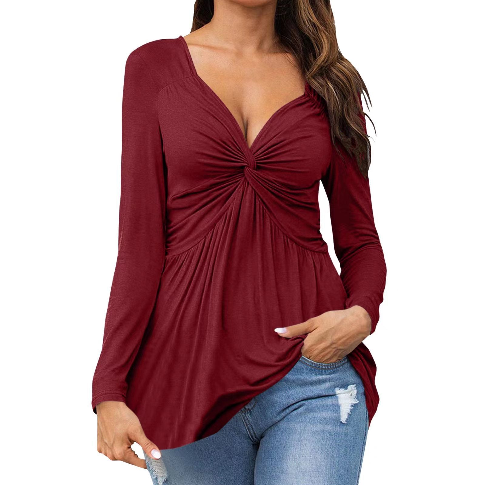 Celine – Long Sleeve Knot Top with V-Neck