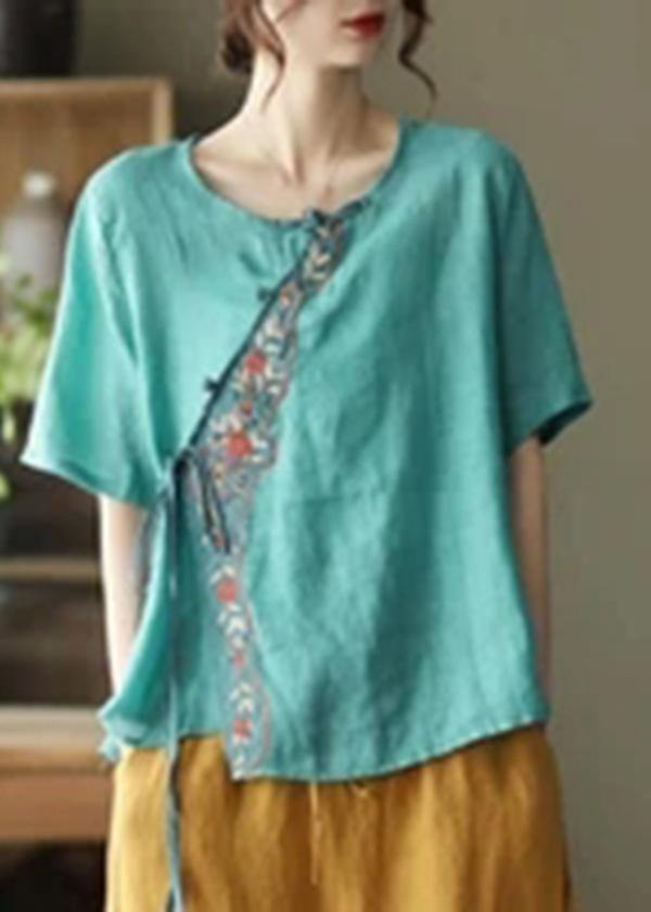 Orange Ramie Women Lace-up Embroidered Irregular Vintage T-shirt