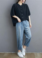 Organic black linen tunic top Fashion stand collar summer blouse