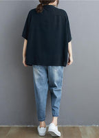 Organic black linen tunic top Fashion stand collar summer blouse