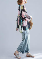 Organic print tops women o neck Petal Sleeve tunic blouse