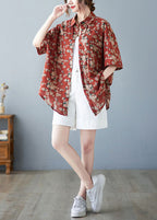 Original Design Red Peter Pan Collar Print Pocket Linen Long Shirt Top Short Sleeve