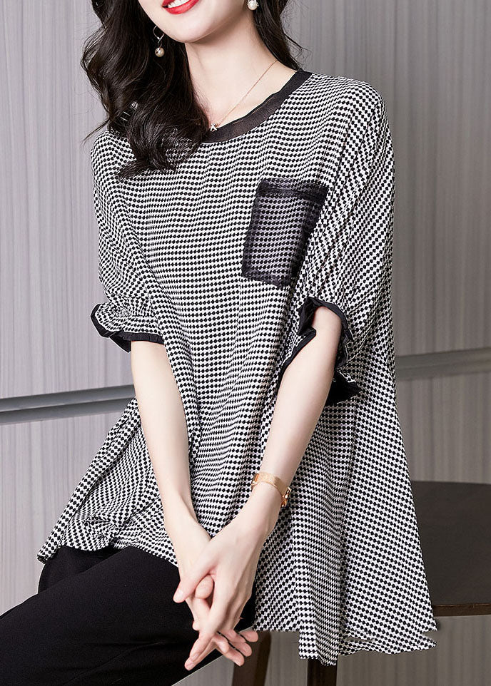 Plus Size Black O-Neck Plaid Patchwork Chiffon Tank Tops Short Sleeve
