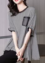 Plus Size Black O-Neck Plaid Patchwork Chiffon Tank Tops Short Sleeve