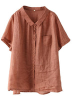 Plus Size Orange Peter Pan Collar Pockets Patchwork Ramie Cardigan