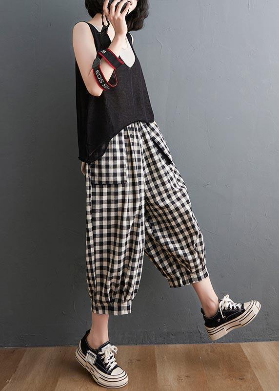Plus Size Plaid Elastic Waist Casual Harem Pants Summer Cotton Linen