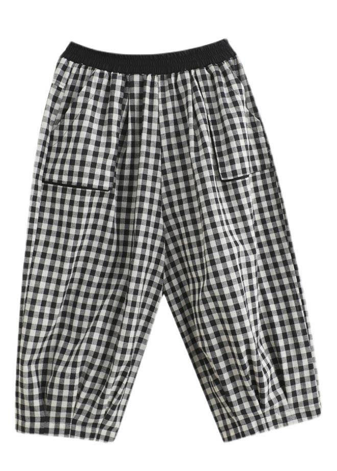 Plus Size Plaid Elastic Waist Casual Harem Pants Summer Cotton Linen