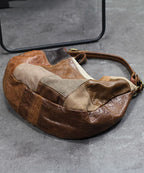 Retro Brown Asymmetrical Patchwork Denim Calf Leather Messenger Bag