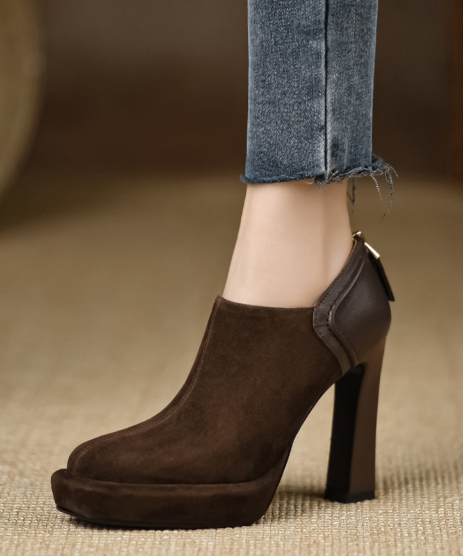 Simple Splicing Chunky High Heels Brown Suede