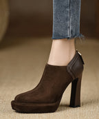 Simple Splicing Chunky High Heels Brown Suede