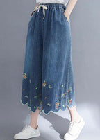 Style Blue Embroideried Crop Wide Leg Summer Pants