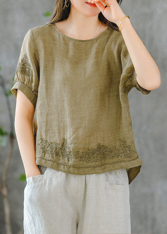 2025 Grass Green O-Neck Embroideried Ruffled Linen Tops Short Sleeve