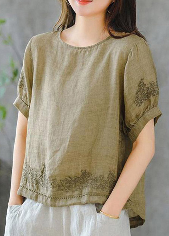 2025 Grass Green O-Neck Embroideried Ruffled Linen Tops Short Sleeve