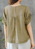 2025 Grass Green O-Neck Embroideried Ruffled Linen Tops Short Sleeve