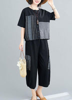 Unique Black asymmetrical design Linen Button Summer Two Pieces Set