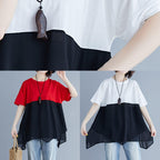 Unique red chiffon o neck patchwork silhouette summer blouse