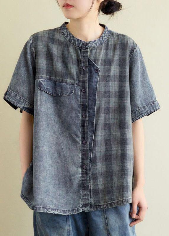 Vintage Blue Grey Denim Plaid Patchwork Summer Tops Short Sleeve