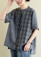 Vintage Blue Grey Denim Plaid Patchwork Summer Tops Short Sleeve