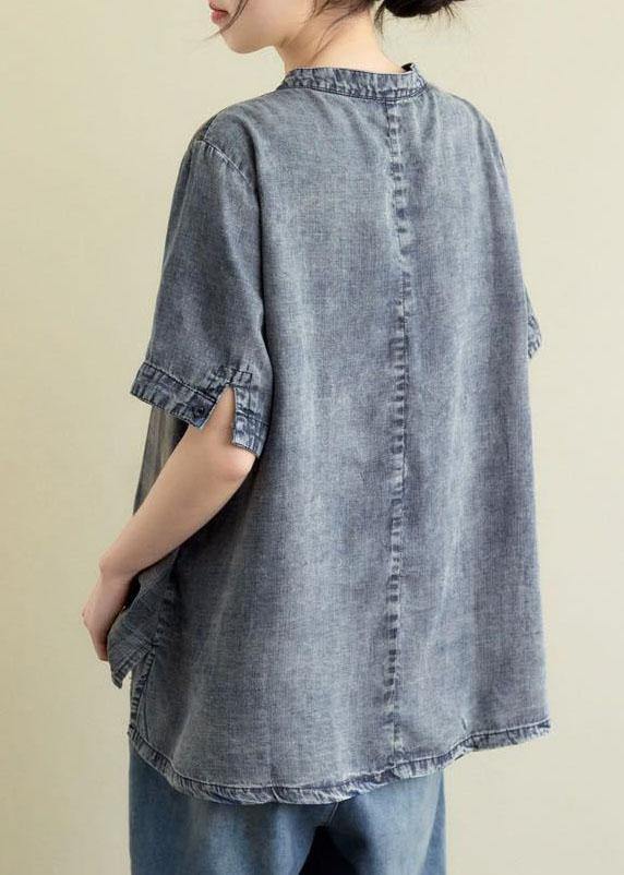 Vintage Blue Grey Denim Plaid Patchwork Summer Tops Short Sleeve