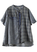 Vintage Blue Grey Denim Plaid Patchwork Summer Tops Short Sleeve