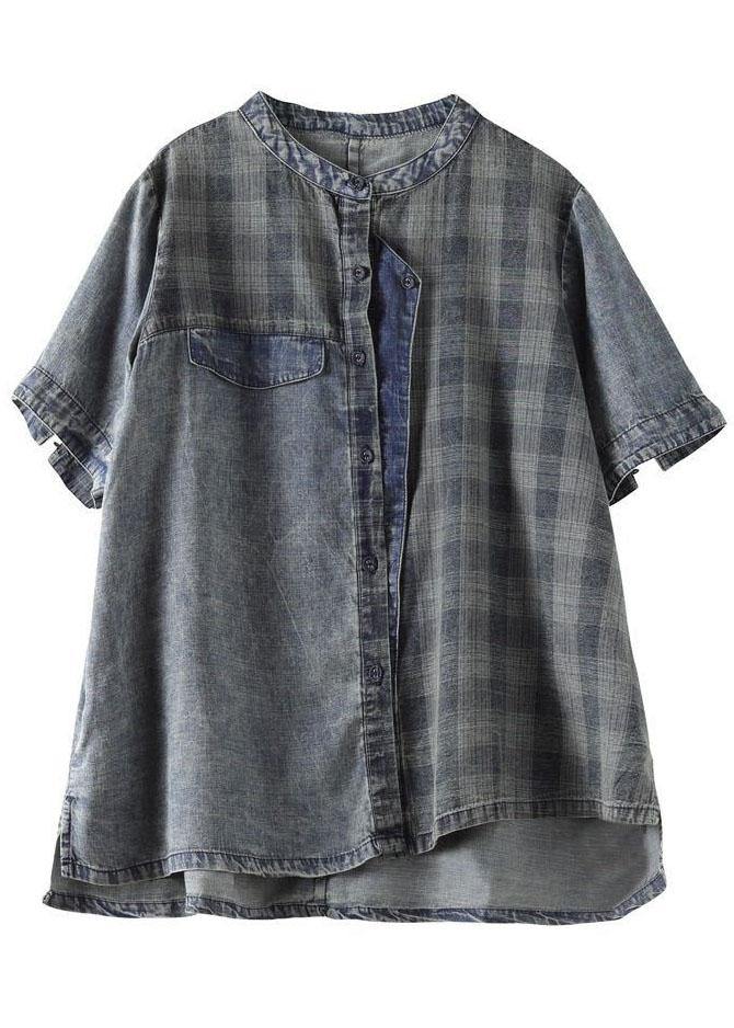 Vintage Blue Grey Denim Plaid Patchwork Summer Tops Short Sleeve