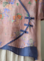 Vintage Pink V Neck Print Button Patchwork Blouse Tops Short Sleeve