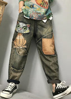 Women Cat Embroidery Patchwork Mid Waist Loose Denim Harem Jeans