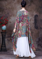 Women Red Print Asymmetrical Design Chiffon Top Batwing Sleeve