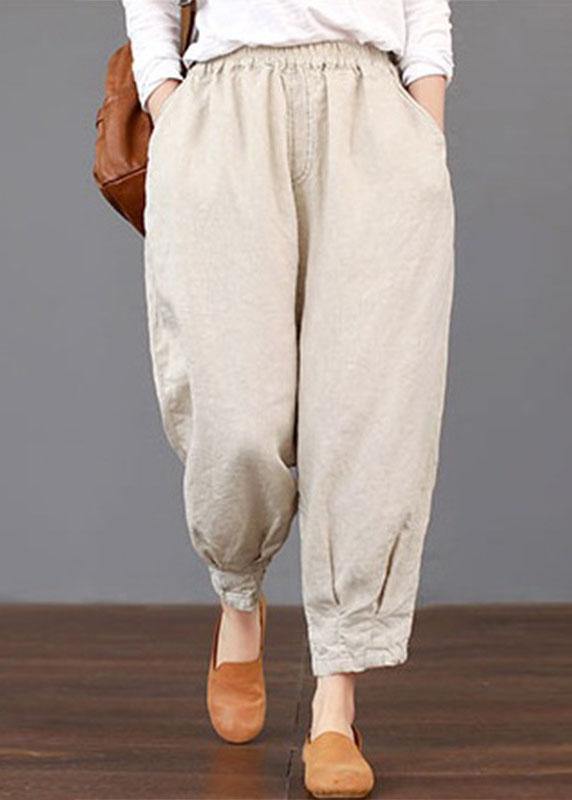Women Solid Color Elastic Waist Loose Cotton Pants