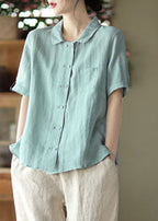 Women Solid Light Blue Double Breast Linen Shirt Tops Short Sleeve
