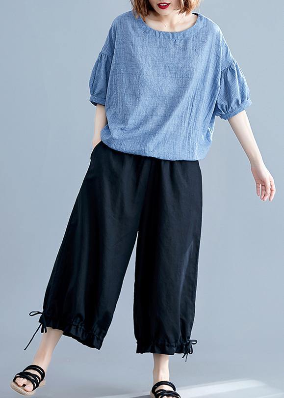 Women blue cotton tunics for women o neck drawstring Dresses blouses