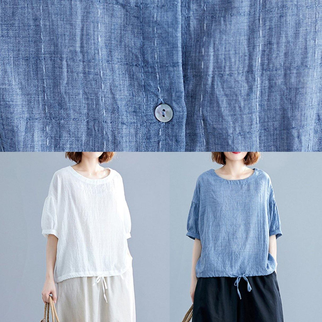Women blue cotton tunics for women o neck drawstring Dresses blouses
