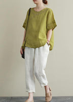Women o neck linen cotton summer top green embroidery short blouse