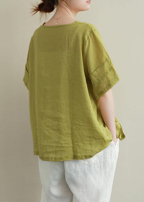 Women o neck linen cotton summer top green embroidery short blouse