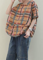 Women o neck linen summer top silhouette Fashion Ideas khaki plaid tops
