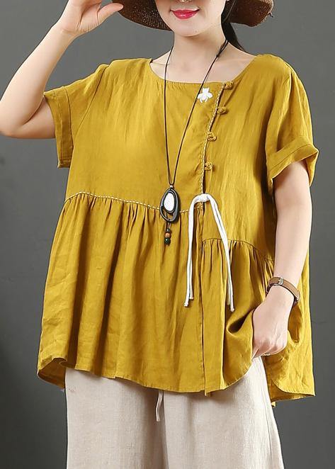 Women o neck Cinched linen clothes design yellow shirts