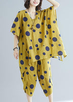 Women's art yellow dot print long T-shirt top + casual cotton wide leg pants