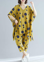 Women's art yellow dot print long T-shirt top + casual cotton wide leg pants