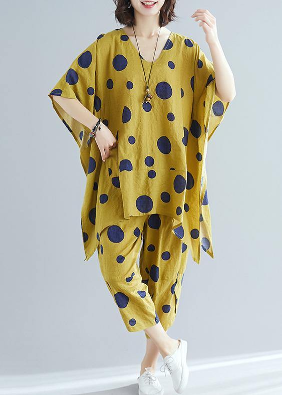 Women's art yellow dot print long T-shirt top + casual cotton wide leg pants