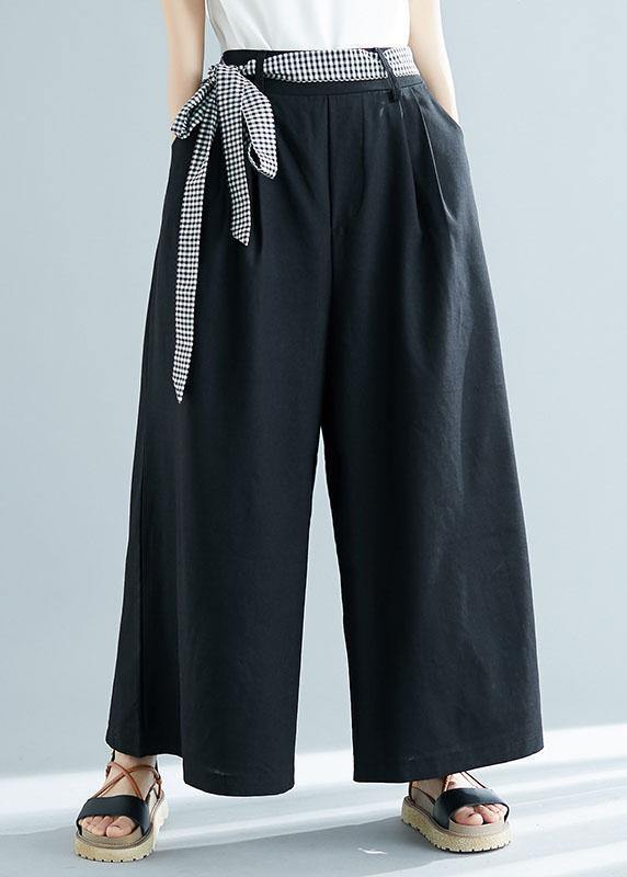 black cotton blended wide leg pants tie waist casual trousers