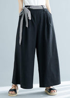 black cotton blended wide leg pants tie waist casual trousers